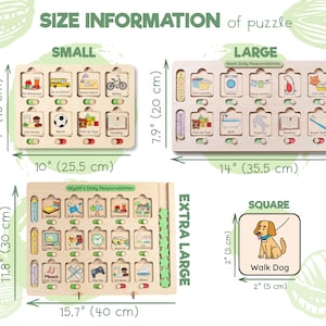 K&ouml;nnte beinhalten: Ein Satz von vier Holzpuzzle-Brettern in verschiedenen Gr&ouml;&szlig;en und Designs. Die Bretter zeigen verschiedene t&auml;gliche Aufgaben f&uuml;r Kinder, wie z. B. Fr&uuml;hst&uuml;ck essen, Spielzeug aufr&auml;umen und Z&auml;hne putzen. Die Bretter sind mit "Klein", "Gro&szlig;", "Extra Gro&szlig;" und "Quadratisch" beschriftet. Die Ma&szlig;e jedes Bretts sind in Zoll und Zentimetern angegeben.