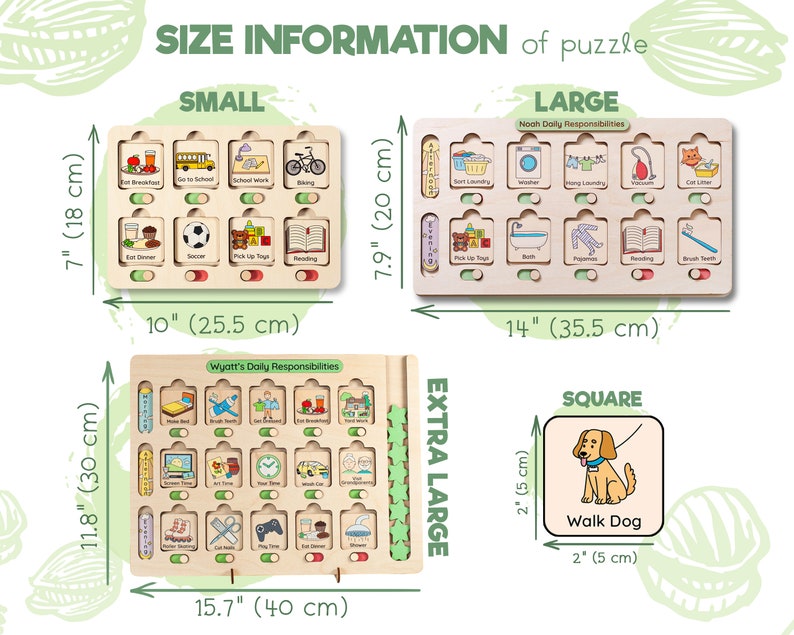 K&ouml;nnte beinhalten: Ein Satz von vier Holzpuzzle-Brettern in verschiedenen Gr&ouml;&szlig;en und Designs. Die Bretter zeigen verschiedene t&auml;gliche Aufgaben f&uuml;r Kinder, wie z. B. Fr&uuml;hst&uuml;ck essen, Spielzeug aufr&auml;umen und Z&auml;hne putzen. Die Bretter sind mit "Klein", "Gro&szlig;", "Extra Gro&szlig;" und "Quadratisch" beschriftet. Die Ma&szlig;e jedes Bretts sind in Zoll und Zentimetern angegeben.
