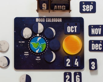 Lunar calendar 2024, Wooden moon calendar, Kids montessori toys, Learning toys, Space themed decor