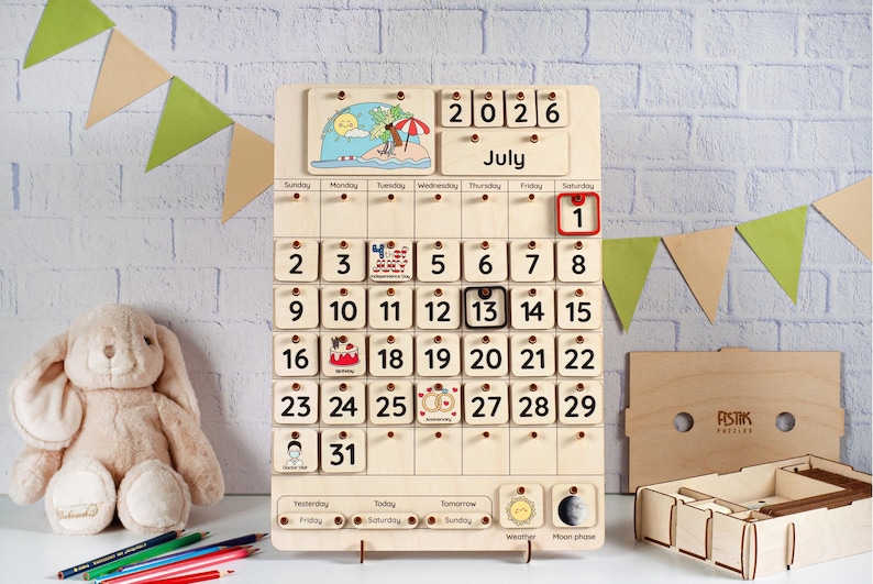 Kalendarz Montessori dla dzieci, Drewniany kalendarz dla maluchów, Kalendarz ścienny na biurko, Pory roku, miesiące i dni tygodnia, Drewniany kalendarz edukacyjny zdjęcie 12