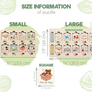 May include: A visual guide showing the different sizes of a wooden puzzle for kids. The puzzle is available in small, large, and square sizes. The small puzzle measures 7 inches by 10 inches, the large puzzle measures 7.9 inches by 14 inches, and the square puzzle measures 2 inches by 2 inches. The puzzle pieces feature various activities and responsibilities for children, such as eating dinner, picking up toys, and brushing teeth.