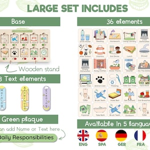 K&ouml;nnte beinhalten: Ein visuelles Zeitplan-Brett aus Holz mit 36 bunten, illustrierten Karten f&uuml;r Kinder. Die Karten zeigen t&auml;gliche Routinen und Aktivit&auml;ten wie Wasser trinken, Lesen, Hausaufgaben machen, W&auml;sche aufh&auml;ngen, Geschirr sp&uuml;len, Spielen und vieles mehr. Der Zeitplan beinhaltet einen Holzst&auml;nder, drei Texte und eine gr&uuml;ne Plakette mit der Aufschrift "Meine t&auml;glichen Aufgaben". Der Zeitplan ist in f&uuml;nf Sprachen verf&uuml;gbar: Englisch, Spanisch, Deutsch, Franz&ouml;sisch und Italienisch.