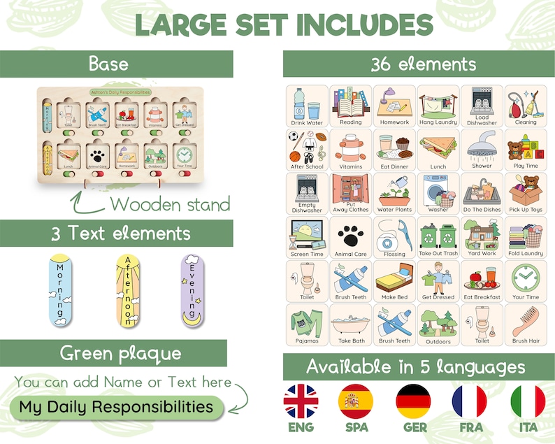 K&ouml;nnte beinhalten: Ein visuelles Zeitplan-Brett aus Holz mit 36 bunten, illustrierten Karten f&uuml;r Kinder. Die Karten zeigen t&auml;gliche Routinen und Aktivit&auml;ten wie Wasser trinken, Lesen, Hausaufgaben machen, W&auml;sche aufh&auml;ngen, Geschirr sp&uuml;len, Spielen und vieles mehr. Der Zeitplan beinhaltet einen Holzst&auml;nder, drei Texte und eine gr&uuml;ne Plakette mit der Aufschrift "Meine t&auml;glichen Aufgaben". Der Zeitplan ist in f&uuml;nf Sprachen verf&uuml;gbar: Englisch, Spanisch, Deutsch, Franz&ouml;sisch und Italienisch.