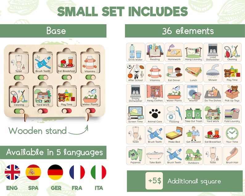 Puede incluir: Una base de madera con ocho ranuras para fichas cuadradas, acompa&ntilde;ada de una colecci&oacute;n de 36 fichas cuadradas con ilustraciones coloridas de tareas y actividades diarias, cada una etiquetada con texto en ingl&eacute;s. Incluye un soporte de madera.