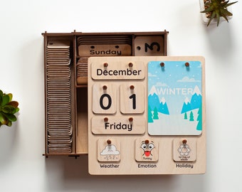 Handmade Wooden Perpetual Calendar, Montessori Homeschool Learning