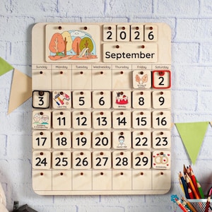 Kalendarz Montessori dla dzieci, Drewniany kalendarz dla maluchów, Kalendarz ścienny na biurko, Pory roku, miesiące i dni tygodnia, Drewniany kalendarz edukacyjny zdjęcie 1