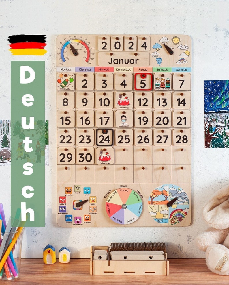 A wooden calendar with a thermometer, weather icons, and a rotating dial for days of the week. The calendar is for January 2024 and features a birthday cake icon on the 10th and a face mask icon on the 17th. The calendar is in German.