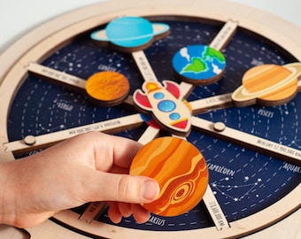 Wooden Solar System Puzzle, Montessori Learning Toy, Space Gift