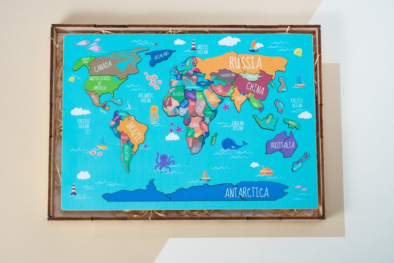 Back to School Gift - Wooden World Map Puzzle, Montessori Geography Toy for Kids image 9
