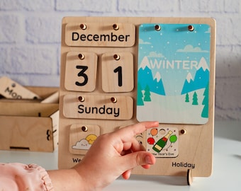 Calendario perpetuo de madera con tarjetas intercambiables de fecha, día y mes, juguete para la gestión del tiempo de niños de primaria.
