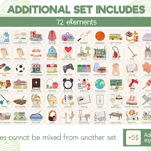 May include: A colorful chart with 72 illustrated squares depicting various activities, such as brushing teeth, playing soccer, and reading a book. The chart is titled "Additional Set Includes" and includes the text "Squares cannot be mixed from another set +$5 Additional square".