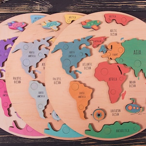 Rompecabezas de madera con mapa del mundo para niños, rompecabezas Montessori, mapa del mundo para niños pequeños, juguete educativo, mapa del mundo de animales, regalo para niños, regalo de cumpleaños para niños