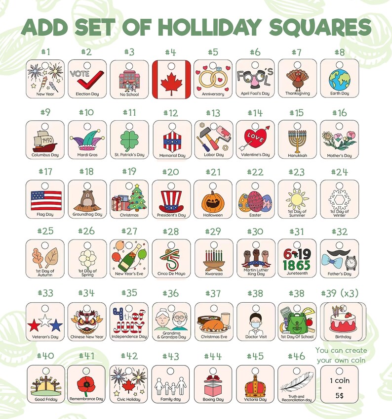 May include: A collection of holiday-themed square charms, each with a unique icon and text. The charms feature designs for New Year, Election Day, Christmas, Halloween, and other holidays. The text "ADD SET OF HOLLIDAY SQUARES" is at the top.