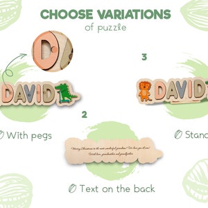 May include: A wooden personalised name puzzle with the name "DAVID" in colourful letters. The puzzle comes with pegs, a stand, and a text option on the back.