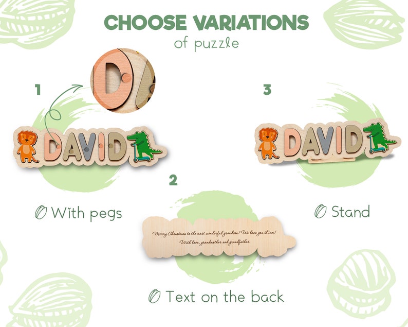 May include: A wooden personalised name puzzle with the name "DAVID" in colourful letters. The puzzle comes with pegs, a stand, and a text option on the back.