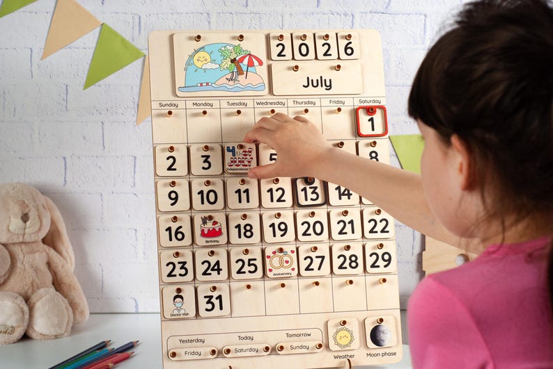 Kalendarz Montessori dla dzieci, Drewniany kalendarz dla maluchów, Kalendarz ścienny na biurko, Pory roku, miesiące i dni tygodnia, Drewniany kalendarz edukacyjny zdjęcie 2