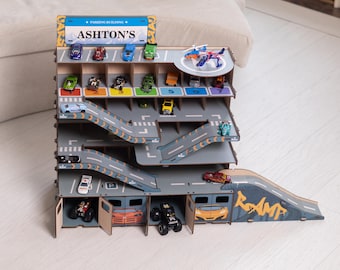 Gepersonaliseerde parkeergarage voor jongens, speelgoedauto-oprit, grote garage-auto-oprit, montessorispeelgoed, speelgoedauto-opslag, cadeau-idee voor peuterjongens