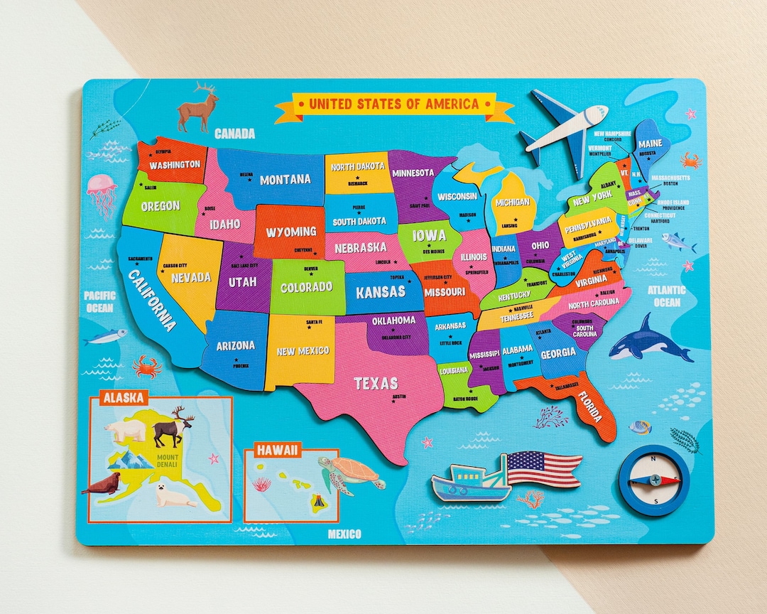 Kids USA Map, Wooden US Map Puzzle for Kids, Montessori Toys 2 Year Old
