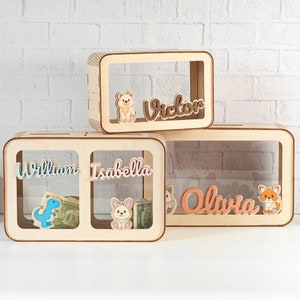Alcancía para niños, huchas de madera, regalo para sobrino o sobrina, hucha personalizada para bebé, alcancía con nombre, caja de dinero para niños pequeños, regalo de la tía.
