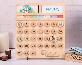 Wooden Perpetual Calendar for Kids, Montessori Homeschool Learning