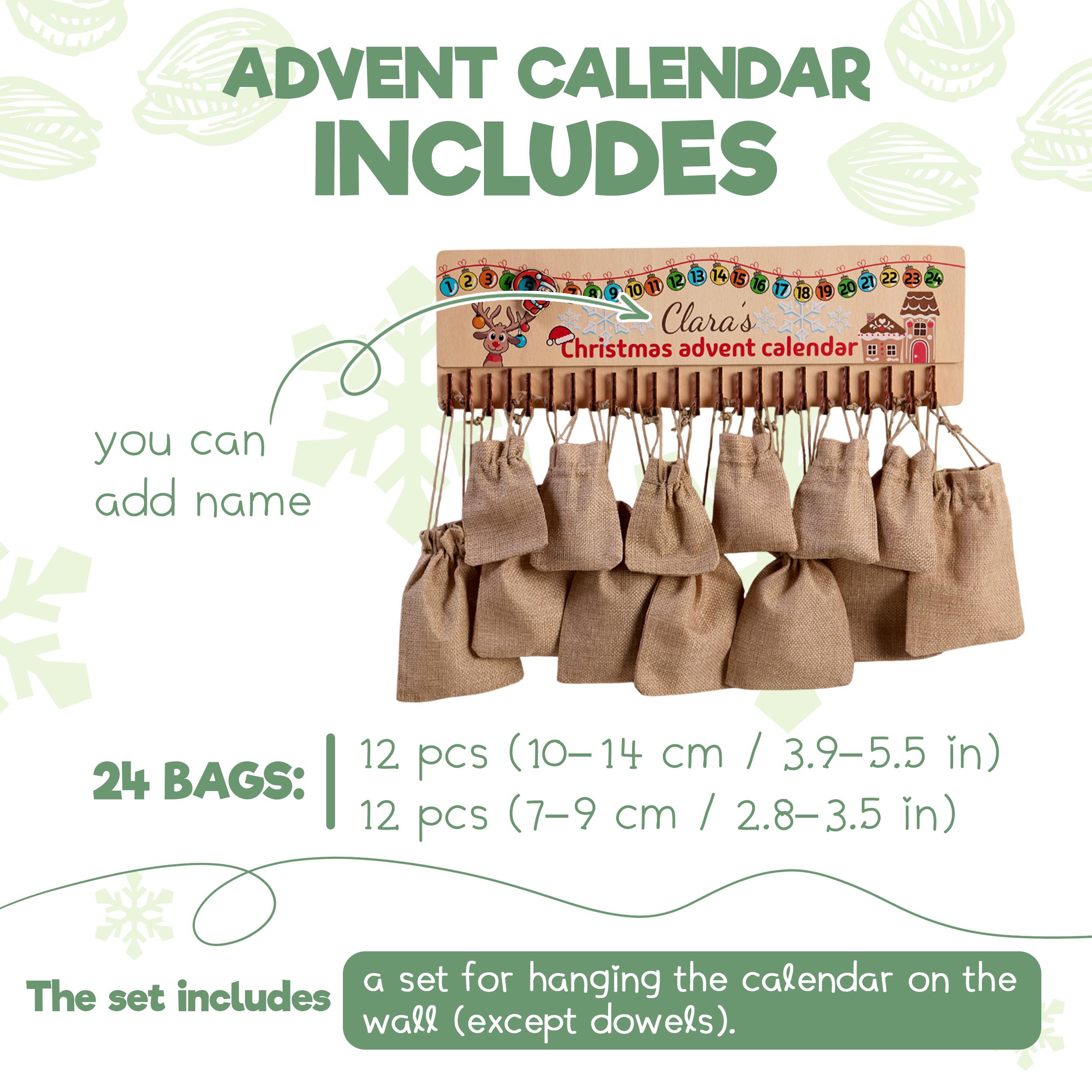 Kids Christmas Advent Calendar with Bags, Christmas Countdown, Hanging Advent Calendar, Wooden Family Advent Calendar, Christmas Activities