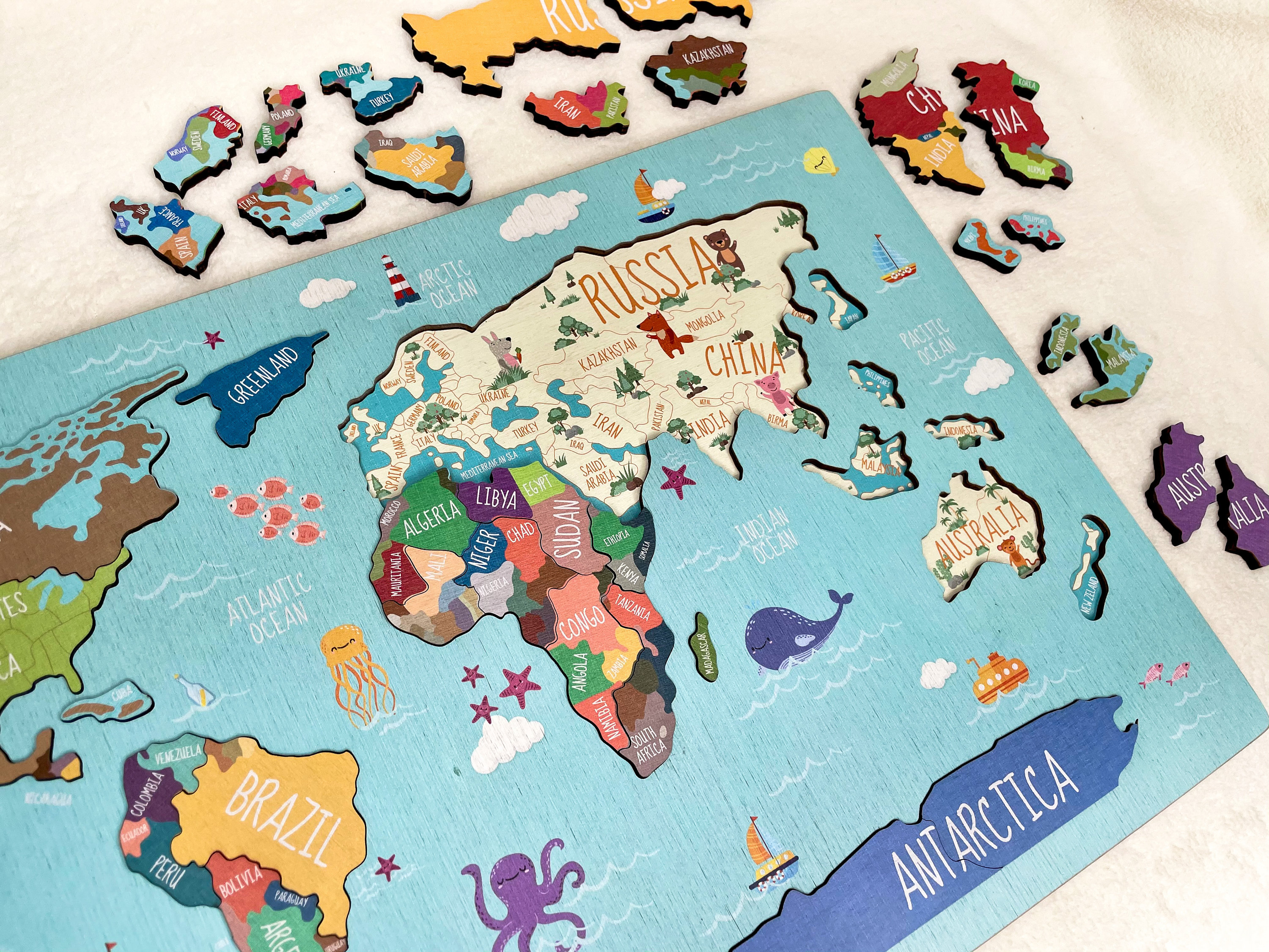 Kids Puzzle World Map Puzzle Educational Toy Wooden  Etsy