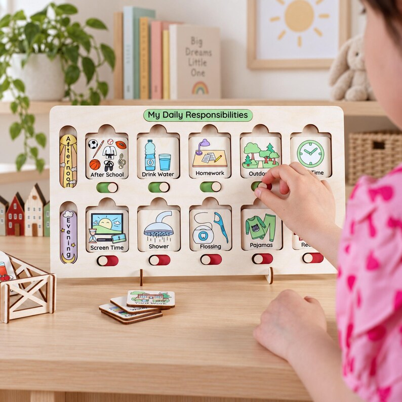 Puede incluir: Un tablero de responsabilidades diarias de madera clara con el texto My Daily Responsibilities. Incluye diez ranuras cuadradas con iconos ilustrados para tareas como hacer los deberes, beber agua y ducharse, cada una con un interruptor deslizante.