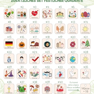 May include: A set of 40 colorful square tags with different illustrations and text. Each tag has a number and a title. The tags are designed for holidays and special occasions. The text on the tags is in German.