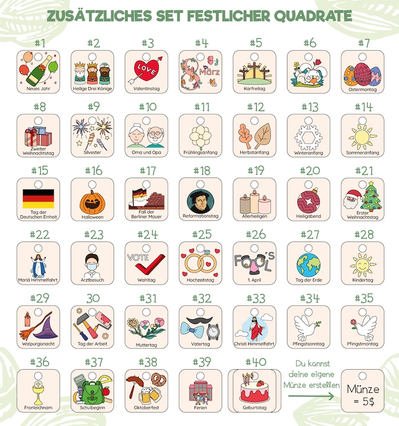 May include: A set of 40 colorful square tags with different illustrations and text. Each tag has a number and a title. The tags are designed for holidays and special occasions. The text on the tags is in German.