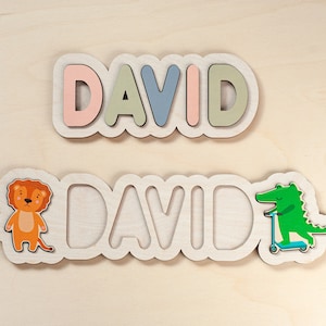 May include: Two wooden name plaques with the name "DAVID" spelled out in colourful letters. The top plaque has pastel pink, green, and blue letters. The bottom plaque has a lion and a crocodile on either side of the name.