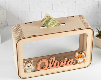 Spardose aus Holz für Kinder, personalisierte Namens-Spardose, Geschenk für 4-Jährige
