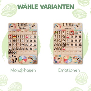 May include: Two wooden calendars with different themes. The first calendar is for October 2023 and features a moon phase wheel. The second calendar is for January 2024 and features an emotion wheel.