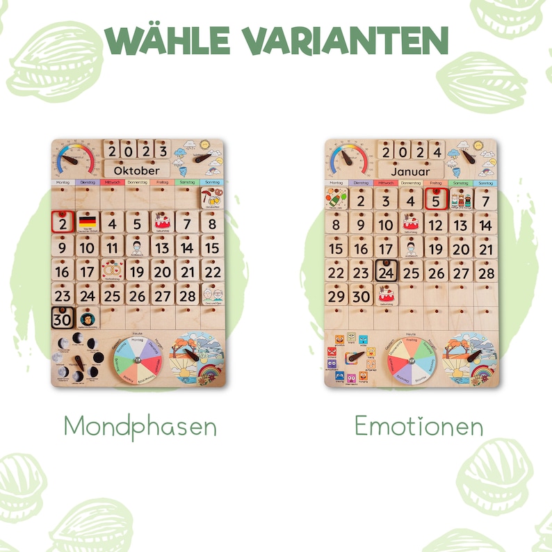 May include: Two wooden calendars with different themes. The first calendar is for October 2023 and features a moon phase wheel. The second calendar is for January 2024 and features an emotion wheel.