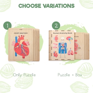 Puede incluir: Un conjunto de rompecabezas anat&oacute;micos de madera que incluye una tabla 'HEART ANATOMY' y un libro 'Human Anatomy Book' con ilustraciones de un esqueleto, cerebro, pulmones y coraz&oacute;n. Las opciones incluyen 'Only Puzzle' y 'Puzzle + Box'.