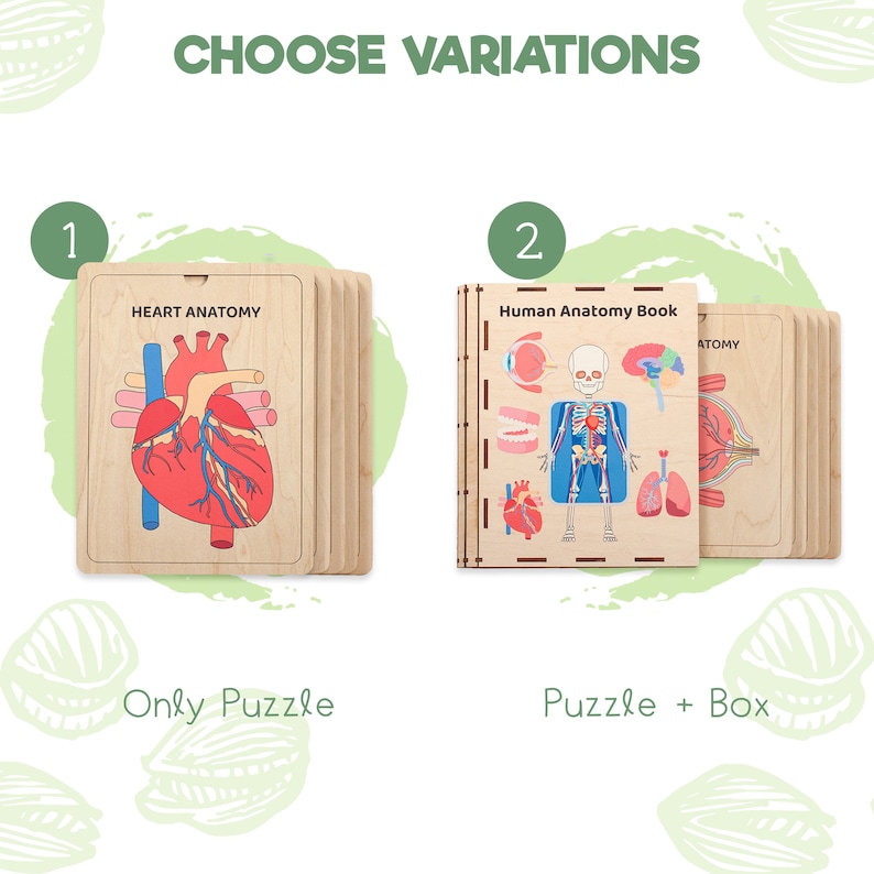 Puede incluir: Un conjunto de rompecabezas anat&oacute;micos de madera que incluye una tabla 'HEART ANATOMY' y un libro 'Human Anatomy Book' con ilustraciones de un esqueleto, cerebro, pulmones y coraz&oacute;n. Las opciones incluyen 'Only Puzzle' y 'Puzzle + Box'.