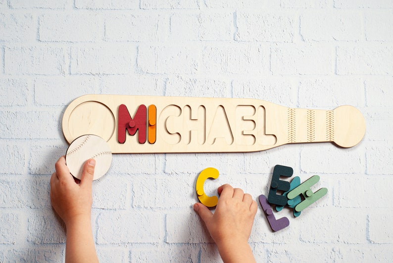 Boy Name Puzzle, Baseball Name Puzzle With Pegs, 3rd Birthday Gift, Baseball Nursery Decor, Toddler Toy, Girl Name Sign Montessori image 10