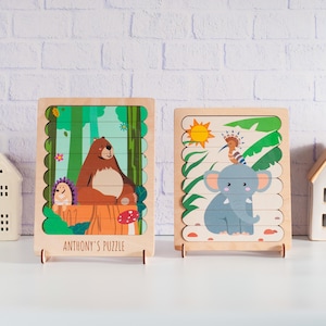 Gifts for Kids, Animal jigsaw Puzzle, Kids Wooden Puzzle, Montessori Toys, Woodland Safari Animals, Toddler Toys Gift, Birthday Gift Idea