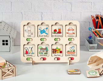 Tabla de rutinas de madera para niños, planificador visual de tareas diarias, juguete educativo hecho a mano, regalo para la vuelta al cole.