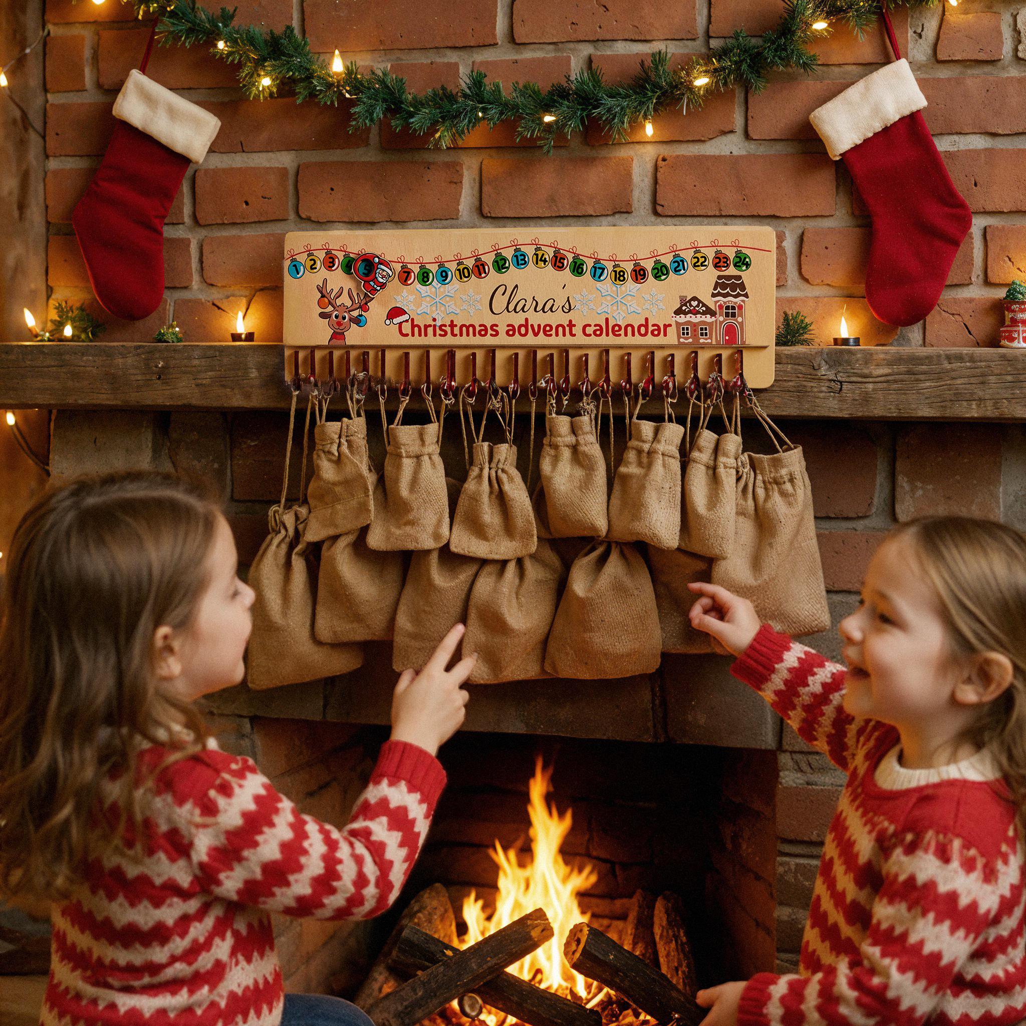 Kids Christmas Advent Calendar with Bags, Christmas Countdown, Hanging Advent Calendar, Wooden Family Advent Calendar, Christmas Activities