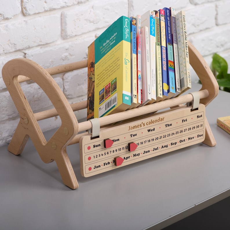 Bookshelf with a built-in calendar, books tracker for kids with name