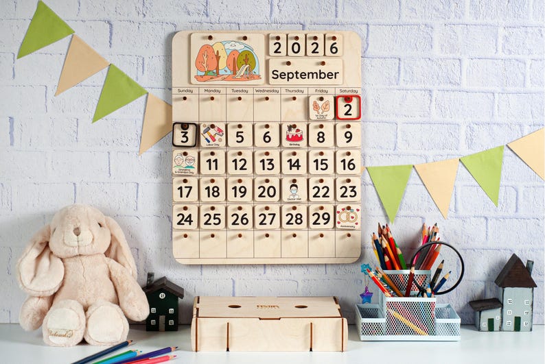 Montessori perpetual calendar for kids, Homeschool calendar, Toddler calendar, Kids desk or wall calendar, Learning toys, Preschool calendar image 11