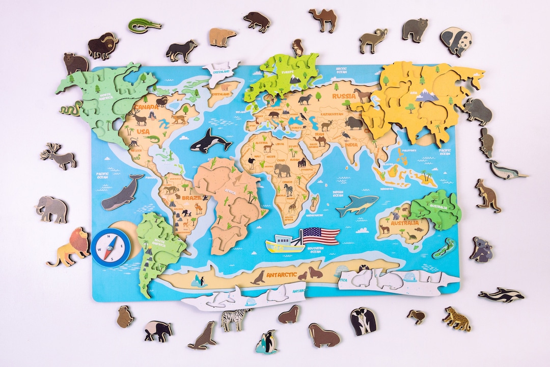 Kids World Map With Animals 2113, Kids Educational Wood Toys, World Map