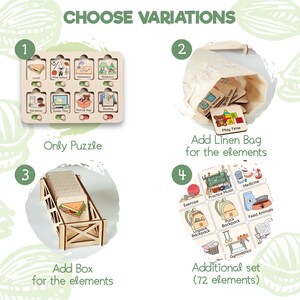 May include: A wooden puzzle with 8 different images of daily activities, such as lunch, after school, homework, and outdoors. The puzzle is available in three variations: only the puzzle, the puzzle with a linen bag for the elements, or the puzzle with a wooden box for the elements. There is also an additional set of 72 elements available.