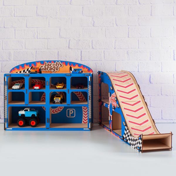Personligt leksaksparkeringsgarage, hoppramp för leksaksbil, leksaker för småpojkar, bilramp för leksaksgarage, förvaring för Montessori-leksaksbilar, födelsedagspresent för pojkar