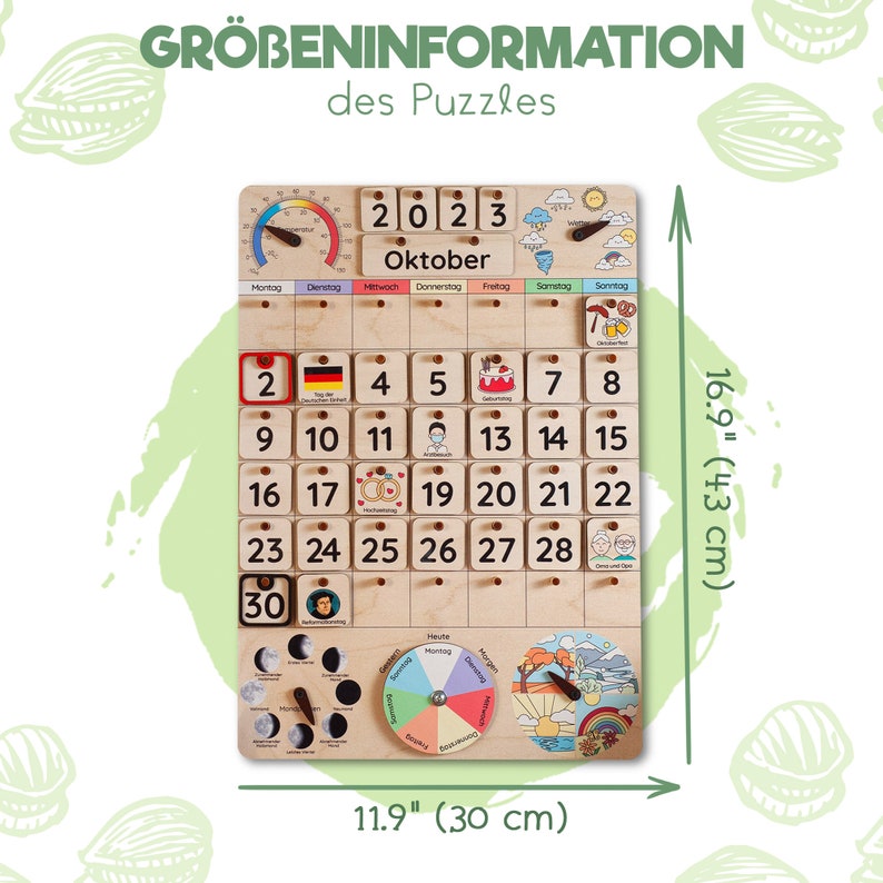 May include: A wooden calendar with a monthly calendar, weather icons, moon phases, and a day of the week wheel. The calendar is for October 2023 and measures 11.9 inches by 16.9 inches.