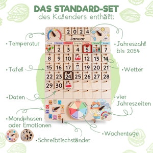 May include: A wooden calendar with a thermometer, a weather wheel, and a moon phase wheel. The calendar features a date display, a day of the week display, and a year display. The calendar is labeled "Das Standard-Set des Kalenders enth&auml;lt:" which translates to "The standard set of the calendar contains:"