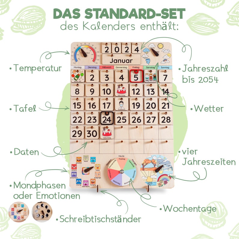 May include: A wooden calendar with a thermometer, a weather wheel, and a moon phase wheel. The calendar features a date display, a day of the week display, and a year display. The calendar is labeled "Das Standard-Set des Kalenders enth&auml;lt:" which translates to "The standard set of the calendar contains:"
