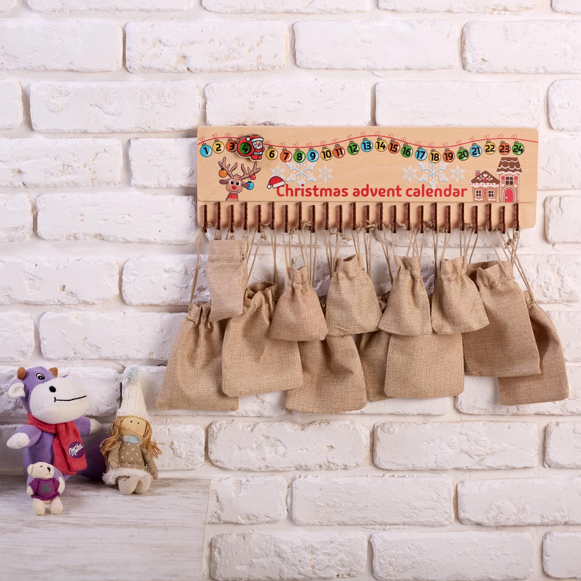 Kids Christmas Advent Calendar with Bags, Christmas Countdown, Hanging Advent Calendar, Wooden Family Advent Calendar, Christmas Activities