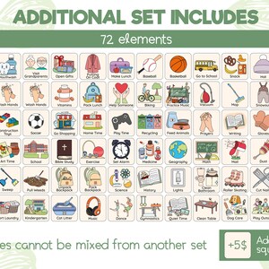 May include: A colorful chart with 72 illustrated squares depicting various activities, such as brushing teeth, playing soccer, and reading a book. The chart is titled "Additional Set Includes" and includes the text "Squares cannot be mixed from another set +$5 Additional square".