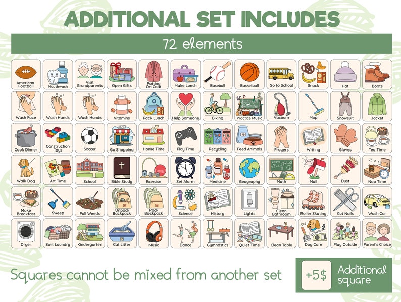 May include: A colorful chart with 72 illustrated squares depicting various activities, such as brushing teeth, playing soccer, and reading a book. The chart is titled "Additional Set Includes" and includes the text "Squares cannot be mixed from another set +$5 Additional square".